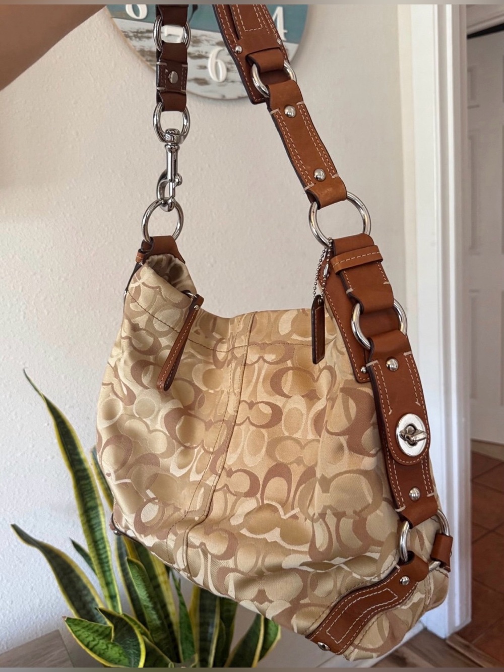 Coach Vintage Large F13981 Carly Beige Signature C & Leather Shoulder Bag